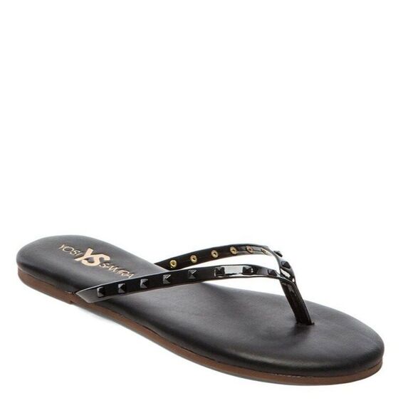 Yosi Samra YS Roee Tonal Stud Sandals 7 Black Leather Thong Flip Flop Cushioned - Picture 1 of 9